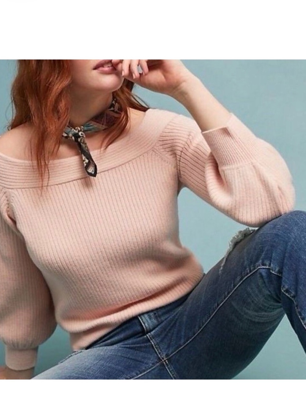 Anthropologie Moth Off The Shoulder Ribbed Knit Sweater Light Pink Size S